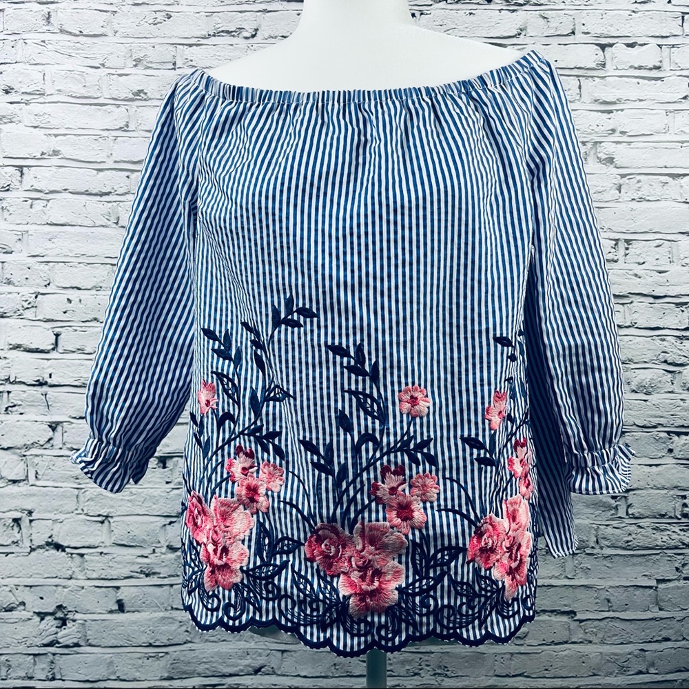 ELLE Embroidered Floral Striped Top